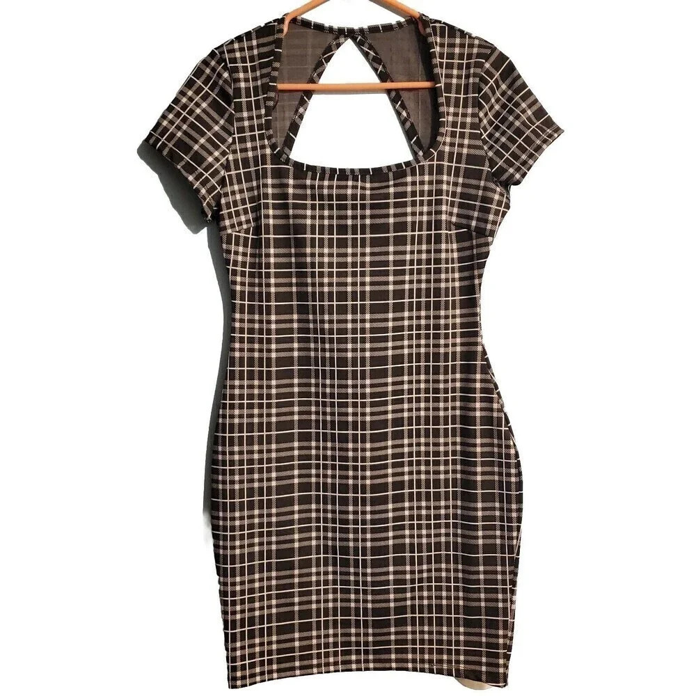 Love Tree Dress Womens Black White Medium Plaid Keyhole Open Back Sheath